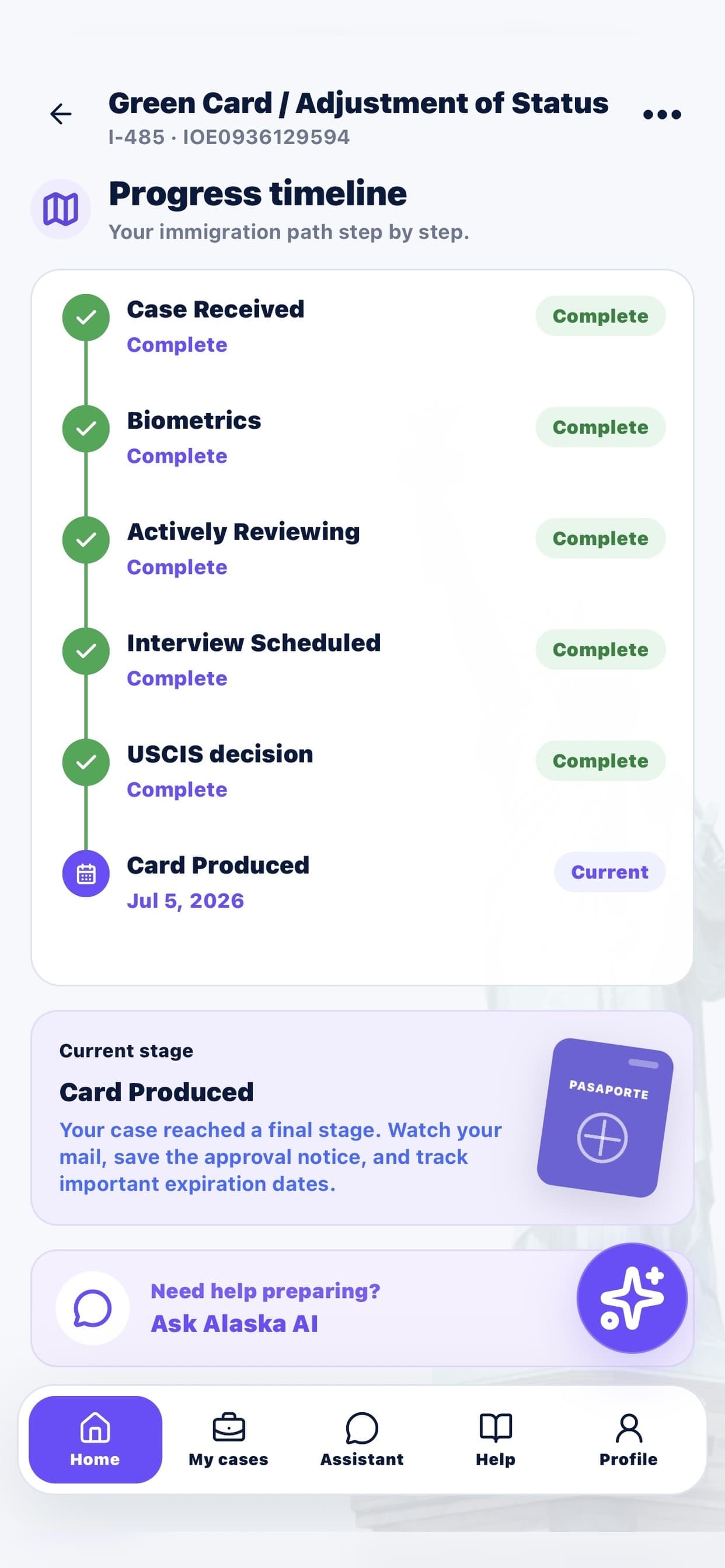 MiCaso progress timeline showing completed immigration milestones